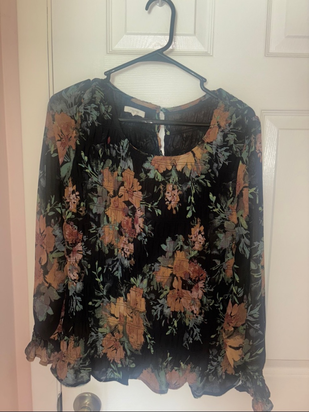 Maurices Black Floral Long-Sleeve Blouse with Rust and Green Accents